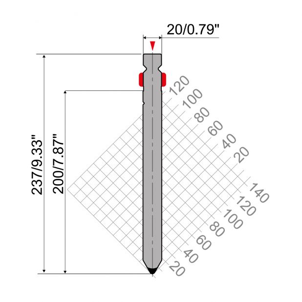 Oberwerkzeug R2 mit Arbeitshöhe=200mm, α=60°, Radius=3mm, Material=42Cr, Max. Presskraft=1300kN/m.