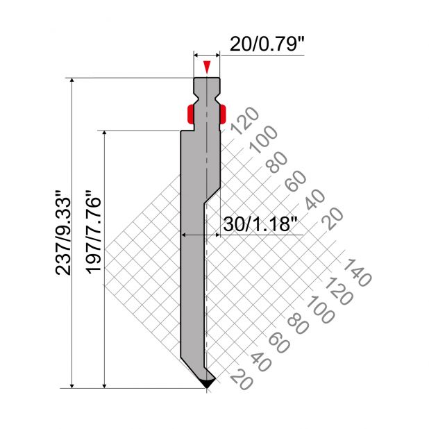 Oberwerkzeug R2 mit Arbeitshöhe=197mm, α=80°, Radius=1mm, Material=42Cr, Max. Presskraft=800kN/m.