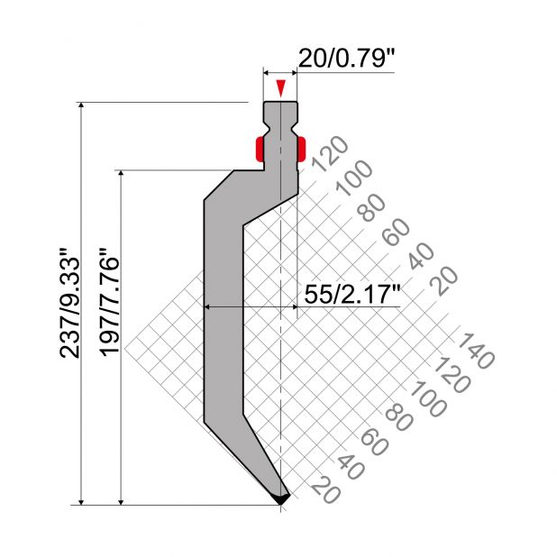 Oberwerkzeug R2 mit Arbeitshöhe=197mm, α=86°, Radius=1mm, Material=42Cr, Max. Presskraft=500kN/m.