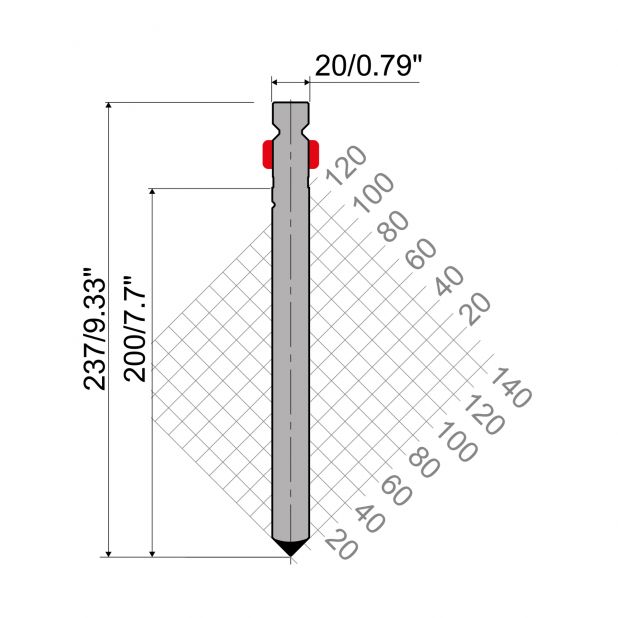 Oberwerkzeug R2 mit Arbeitshöhe=200mm, α=90°, Radius=1,2mm, Material=42Cr, Max. Presskraft=1000kN/m.