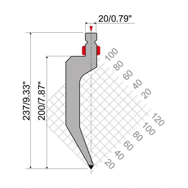 Oberwerkzeug R2 mit Arbeitshöhe=200mm, α=60°, Radius=1mm, Material=42Cr, Max. Presskraft=700kN/m.