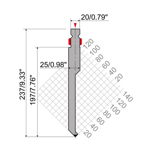 Oberwerkzeug R2 mit Arbeitshöhe=197mm, α=90°, Radius=0,6mm, Material=42Cr, Max. Presskraft=600kN/m.