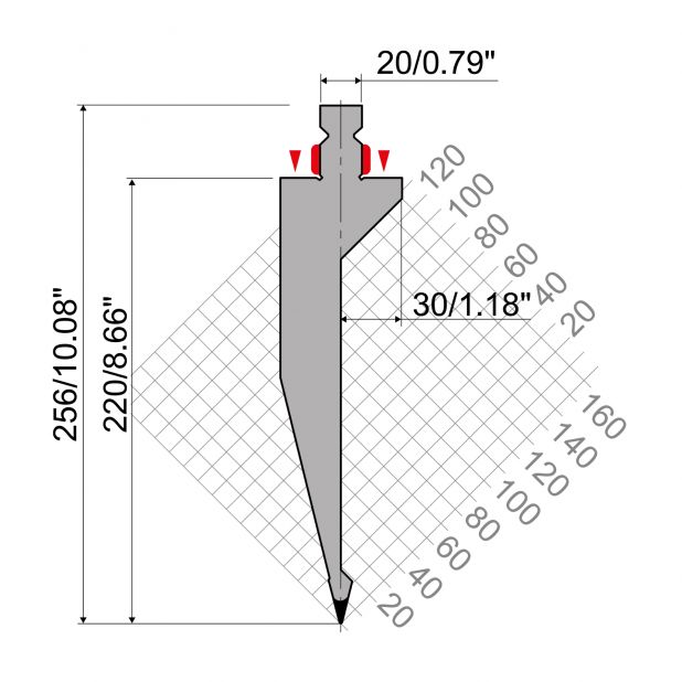 Oberwerkzeug R2 mit Arbeitshöhe=220mm, α=28°, Radius=1mm, Material=42Cr, Max. Presskraft=600kN/m.