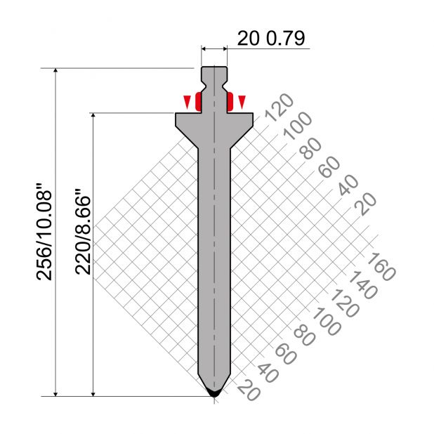 Oberwerkzeug R2 mit Arbeitshöhe=220mm, α=60°, Radius=4mm, Material=42Cr, Max. Presskraft=2500kN/m.