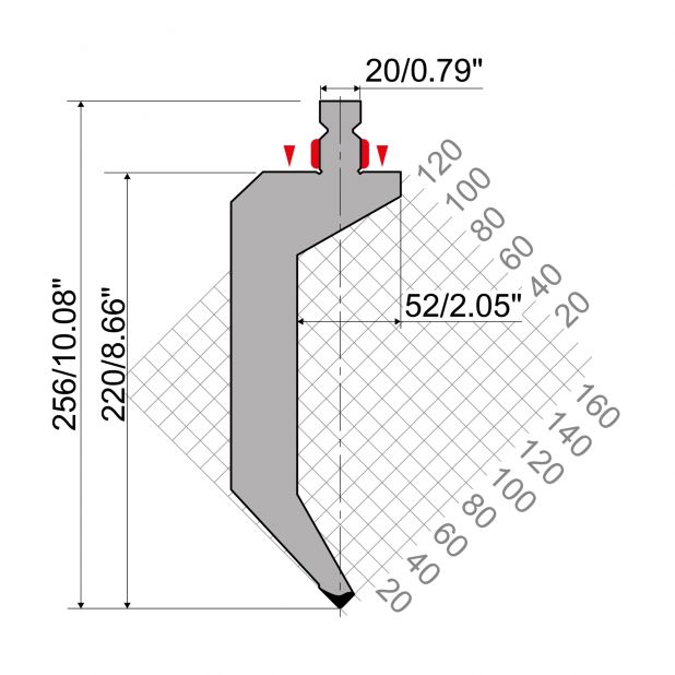 Oberwerkzeug R2 mit Arbeitshöhe=220mm, α=86°, Radius=1mm, Material=42Cr, Max. Presskraft=800kN/m.