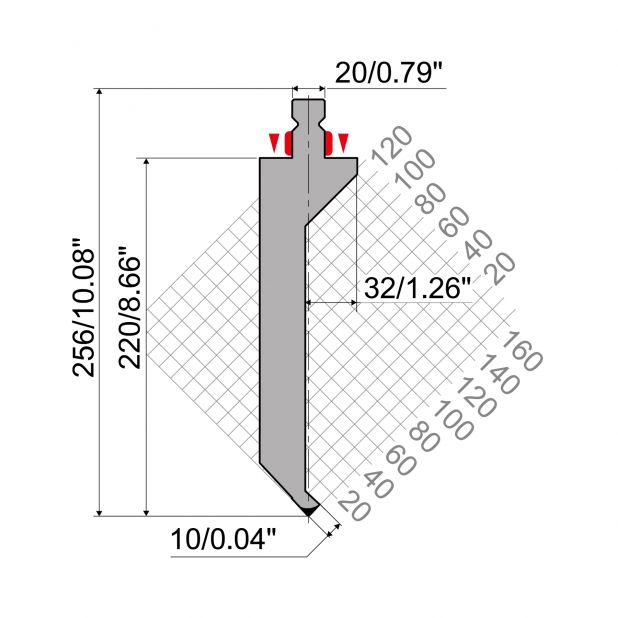 Oberwerkzeug R2 mit Arbeitshöhe=220mm, α=86°, Radius=1mm, Material=42Cr, Max. Presskraft=800kN/m.