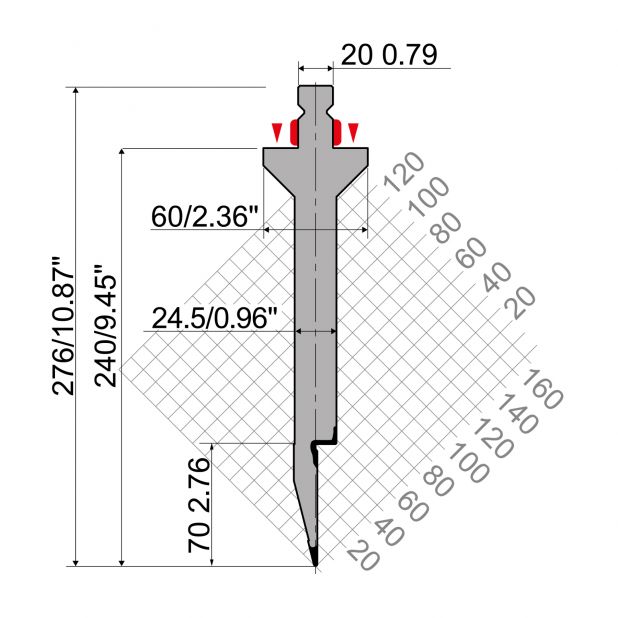 Oberwerkzeug R2 mit Arbeitshöhe=240mm, α=28°, Radius=1mm, Material=42Cr, Max. Presskraft=400kN/m.