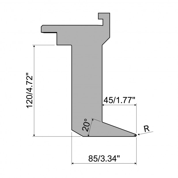 Oberwerkzeug - Rehfußabstand 45mm - Arbeitshöhe 120mm - Biegewinkel 20° - Radius 1.5 mm