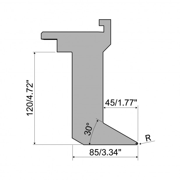 Oberwerkzeug - Rehfußabstand 45mm - Arbeitshöhe 120mm - Biegewinkel 30° - Radius 3 mm