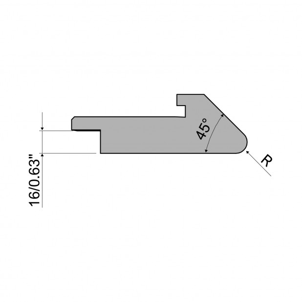 Oberwerkzeug für andere Materialdicken - Rehfußabstand 45mm - Arbeitshöhe 16mm - Biegewinkel 45° - Radius