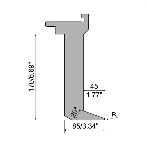 Oberwerkzeug - Rehfußabstand 45mm - Arbeitshöhe 170mm - Biegewinkel 20° - Radius 3 mm