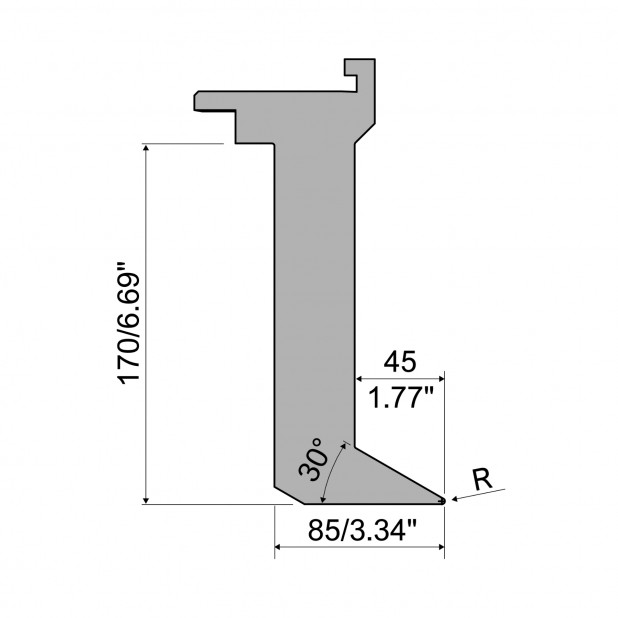 Oberwerkzeug - Rehfußabstand 45mm - Arbeitshöhe 170mm - Biegewinkel 30° - Radius 2 mm