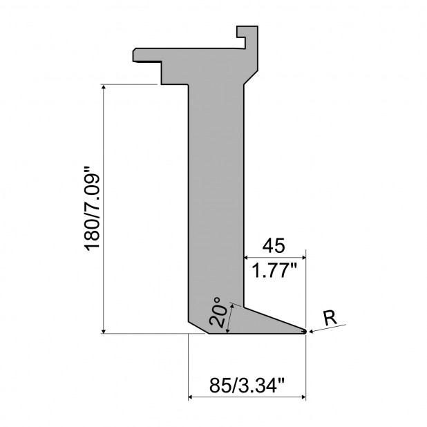 Oberwerkzeug - Rehfußabstand 45mm - Arbeitshöhe 180mm - Biegewinkel 20° - Radius 1 mm