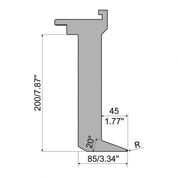 Oberwerkzeug - Rehfußabstand 45mm - Arbeitshöhe 200mm - Biegewinkel 20° - Radius 1.5 mm