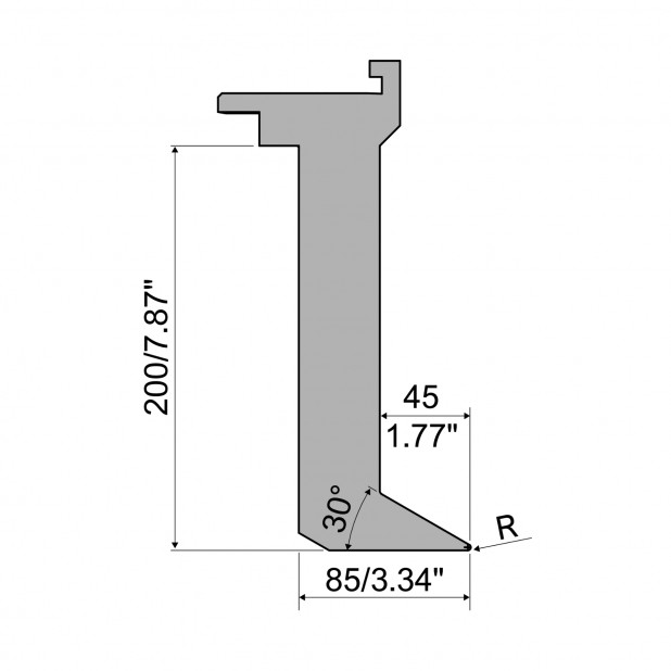 Oberwerkzeug - Rehfußabstand 45mm - Arbeitshöhe 200mm - Biegewinkel 30° - Radius 1 mm