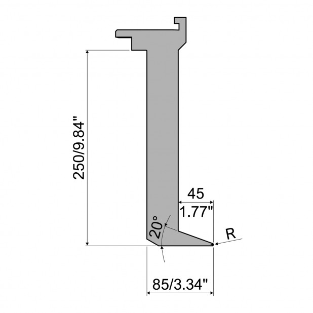 Oberwerkzeug - Rehfußabstand 45mm - Arbeitshöhe 250mm - Biegewinkel 20° - Radius 3 mm