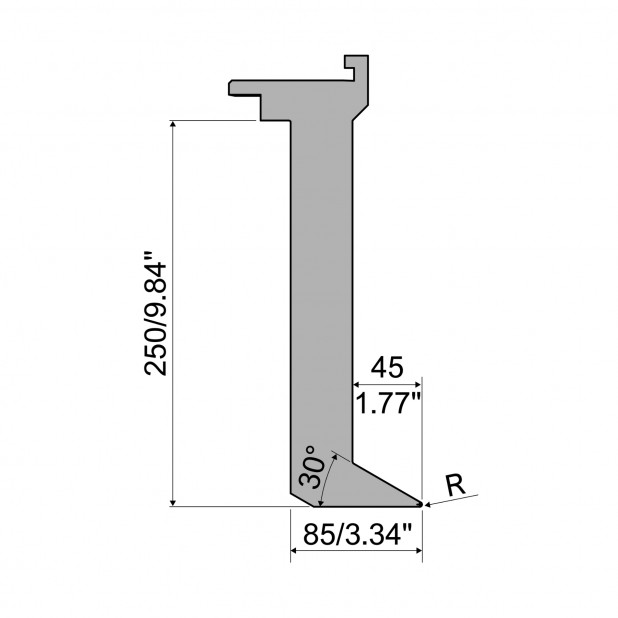 Oberwerkzeug - Rehfußabstand 45mm - Arbeitshöhe 250mm - Biegewinkel 30° - Radius 1.5 mm