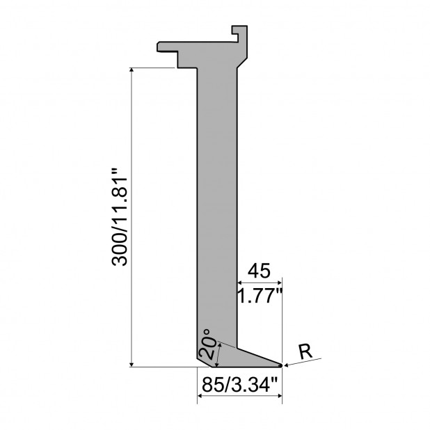 Oberwerkzeug - Rehfußabstand 45mm - Arbeitshöhe 300mm - Biegewinkel 20° - Radius 1.5 mm