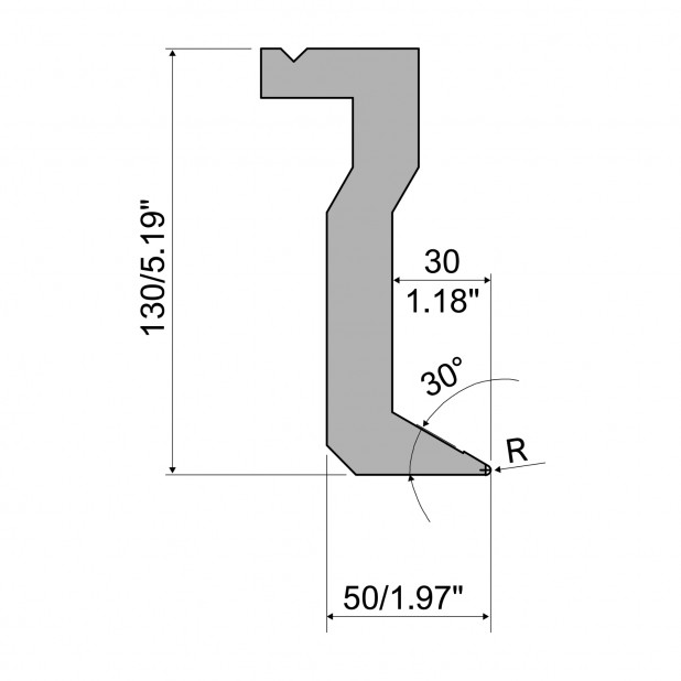 Oberwerkzeug mit manueller Verbindung - Rehfußabstand 30mm - Arbeitshöhe 130mm - Biegewinkel 30° - Radius 1