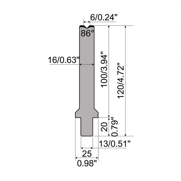 Matrize R2 europäisch Serie CLASSIC mit Arbeitshöhe=100mm, α=86°, Radius=2mm, Material=42Cr, Max. Presskra