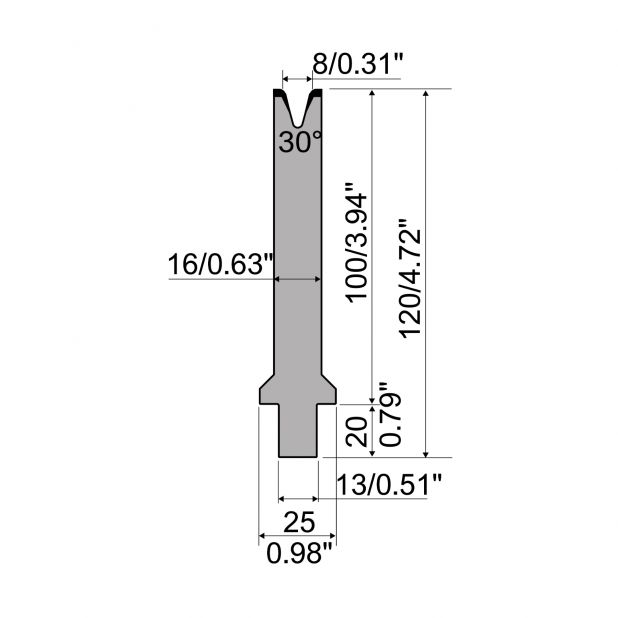 Matrize R2 mit Arbeitshöhe=100mm, α=30°, Radius=2,5mm, Material=42Cr, Max. Presskraft=400kN/m.