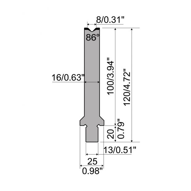 Matrize R2 mit Arbeitshöhe=100mm, α=86°, Radius=2,5mm, Material=42Cr, Max. Presskraft=400kN/m.