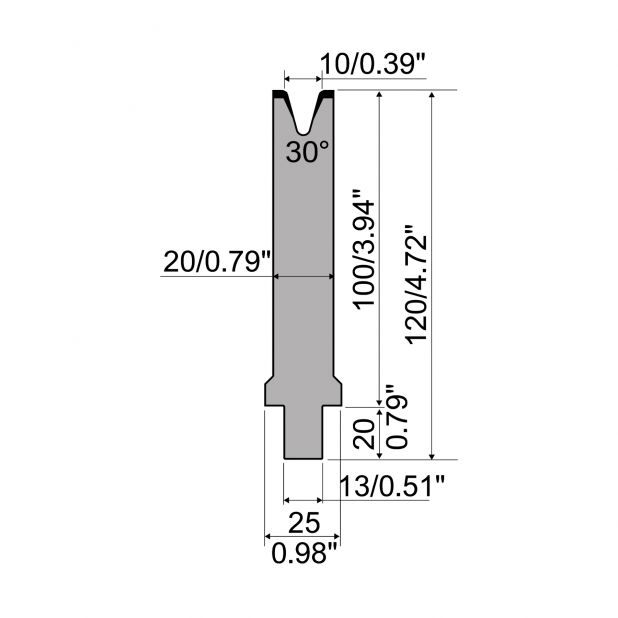 Matrize R2 mit Arbeitshöhe=100mm, α=30°, Radius=2,5mm, Material=42Cr, Max. Presskraft=400kN/m.
