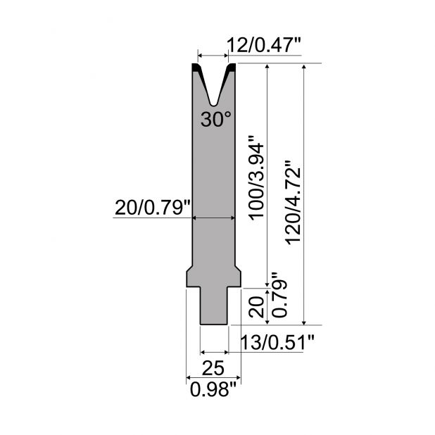 Matrize R2 mit Arbeitshöhe=100mm, α=30°, Radius=3mm, Material=42Cr, Max. Presskraft=400kN/m.