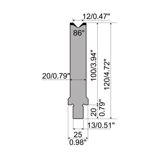 Matrize R2 mit Arbeitshöhe=100mm, α=86°, Radius=2,5mm, Material=42Cr, Max. Presskraft=1200kN/m.