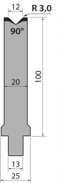 Matrize R2 mit Arbeitshöhe=100mm, α=90°, Radius=3mm, Material=42Cr, Max. Presskraft=1200kN/m.