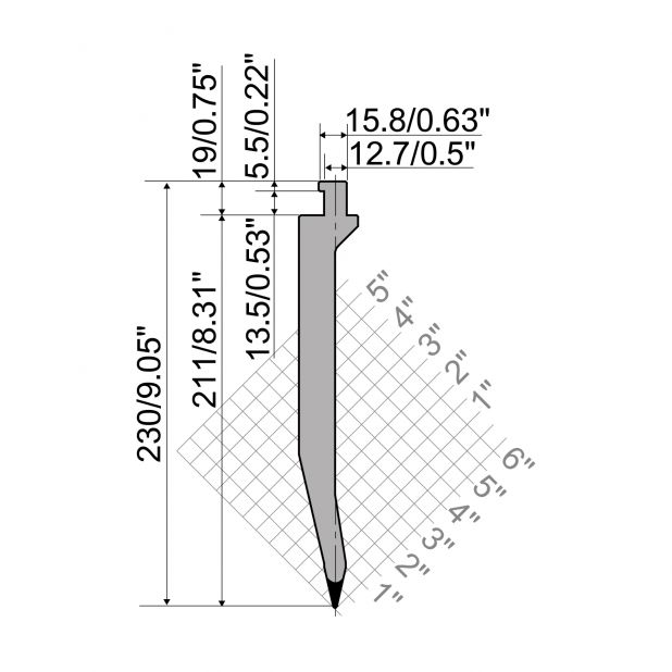 Oberwerkzeug R5 American Serie TOP mit Arbeitshöhe=211mm, α=26°, Radius=3.17mm, Material=42cr, Max. Presskr