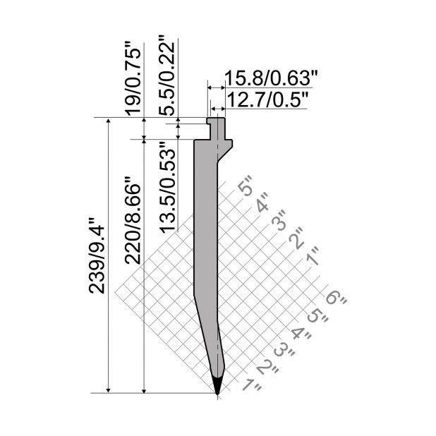 Oberwerkzeug R5 American Serie TOP mit Arbeitshöhe=220mm, α=26°, Radius=1mm, Material=42cr, Max. Presskraft