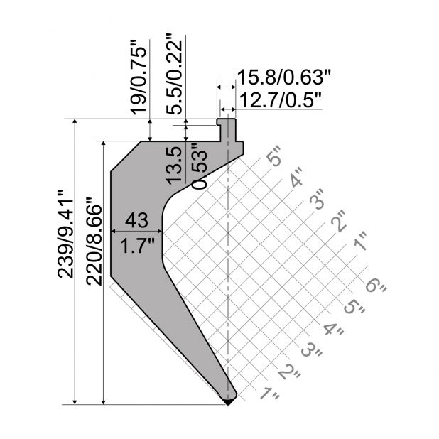 Oberwerkzeug R5 American Serie TOP mit Arbeitshöhe=220mm, α=85°, Radius=1.5mm, Material=42cr, Max. Presskra